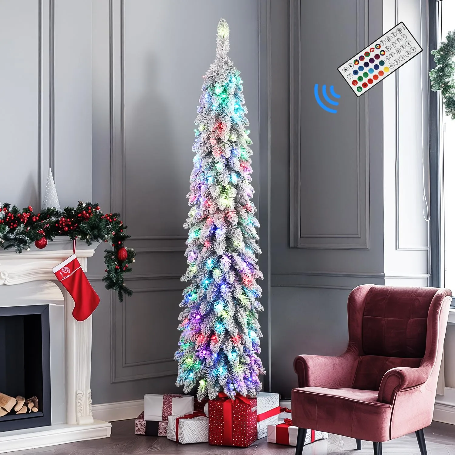 6FT Pre-Lit Snow Flocked Pencil Christmas Tree with Remote Controlled Multi-Color RGB Lights