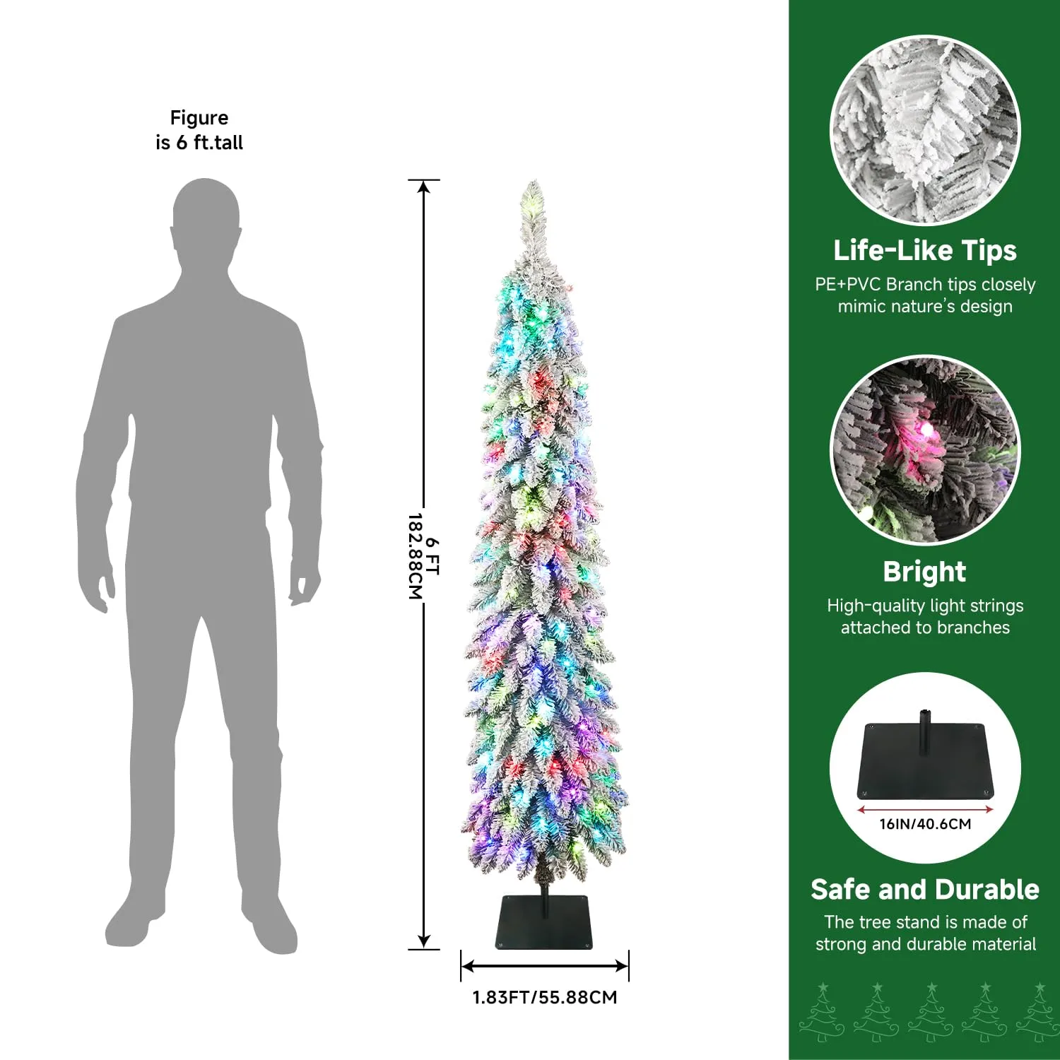 6FT Pre-Lit Snow Flocked Pencil Christmas Tree with Remote Controlled Multi-Color RGB Lights