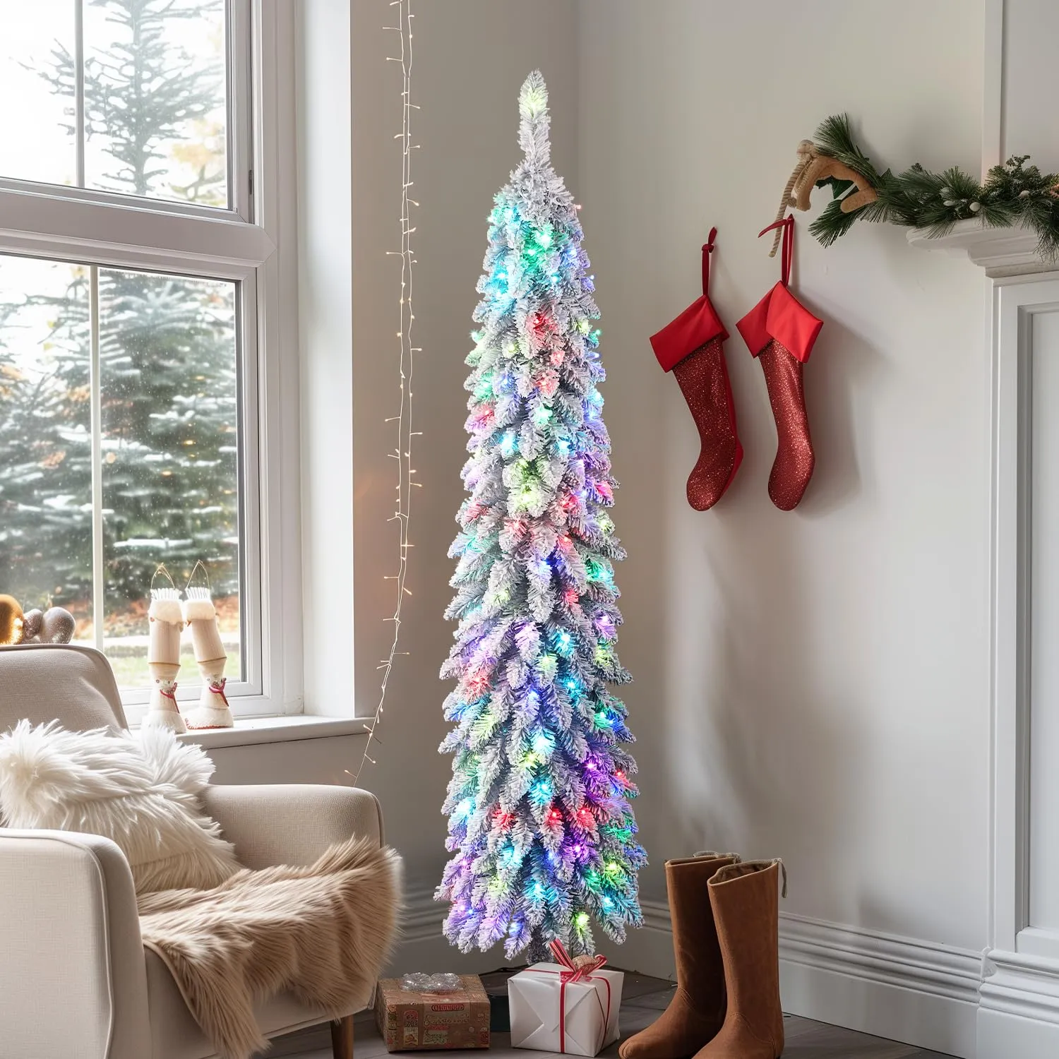 6FT Pre-Lit Snow Flocked Pencil Christmas Tree with Remote Controlled Multi-Color RGB Lights