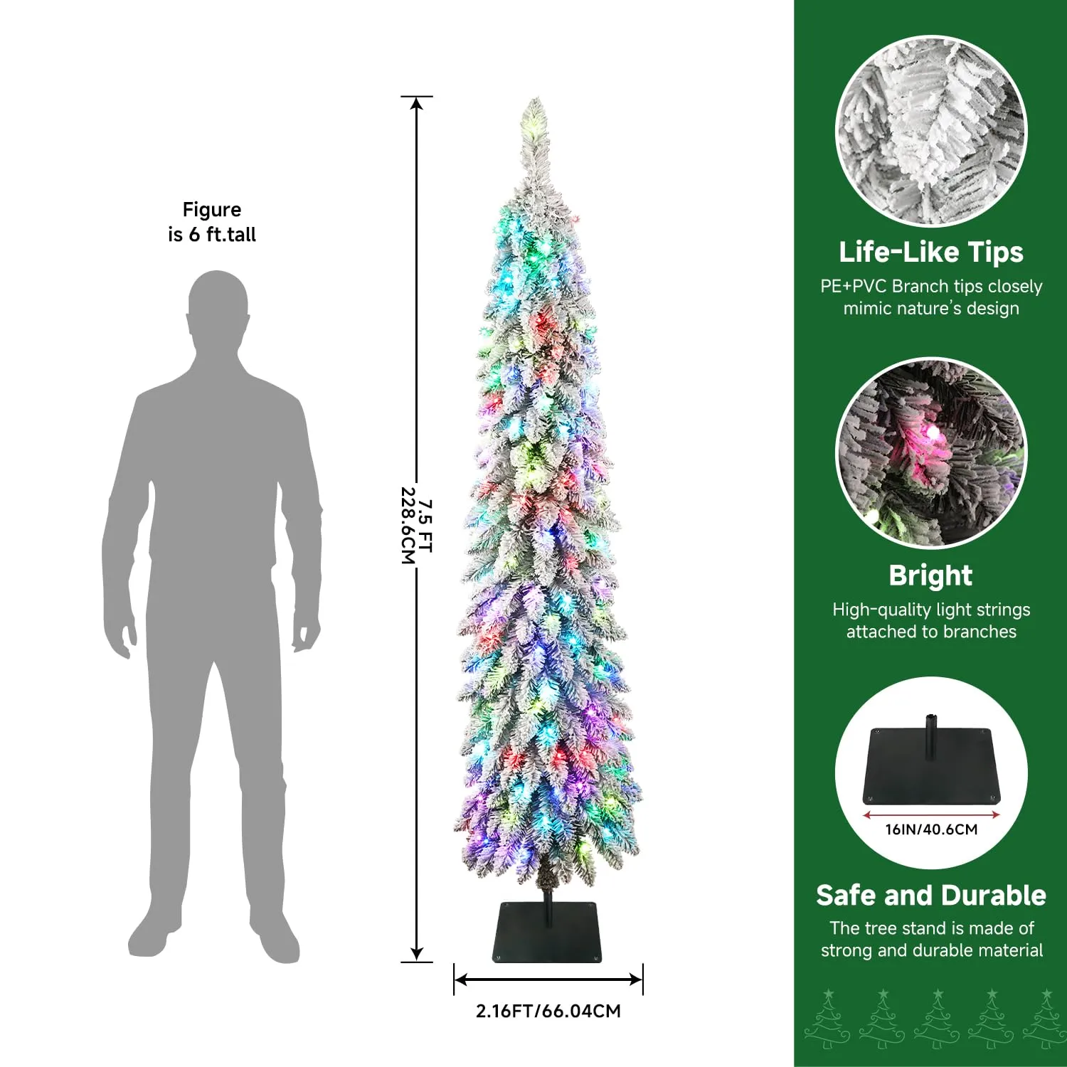 7.5FT Pre-Lit Snow Flocked Pencil Christmas Tree with Remote Controlled Multi-Color RGB Lights