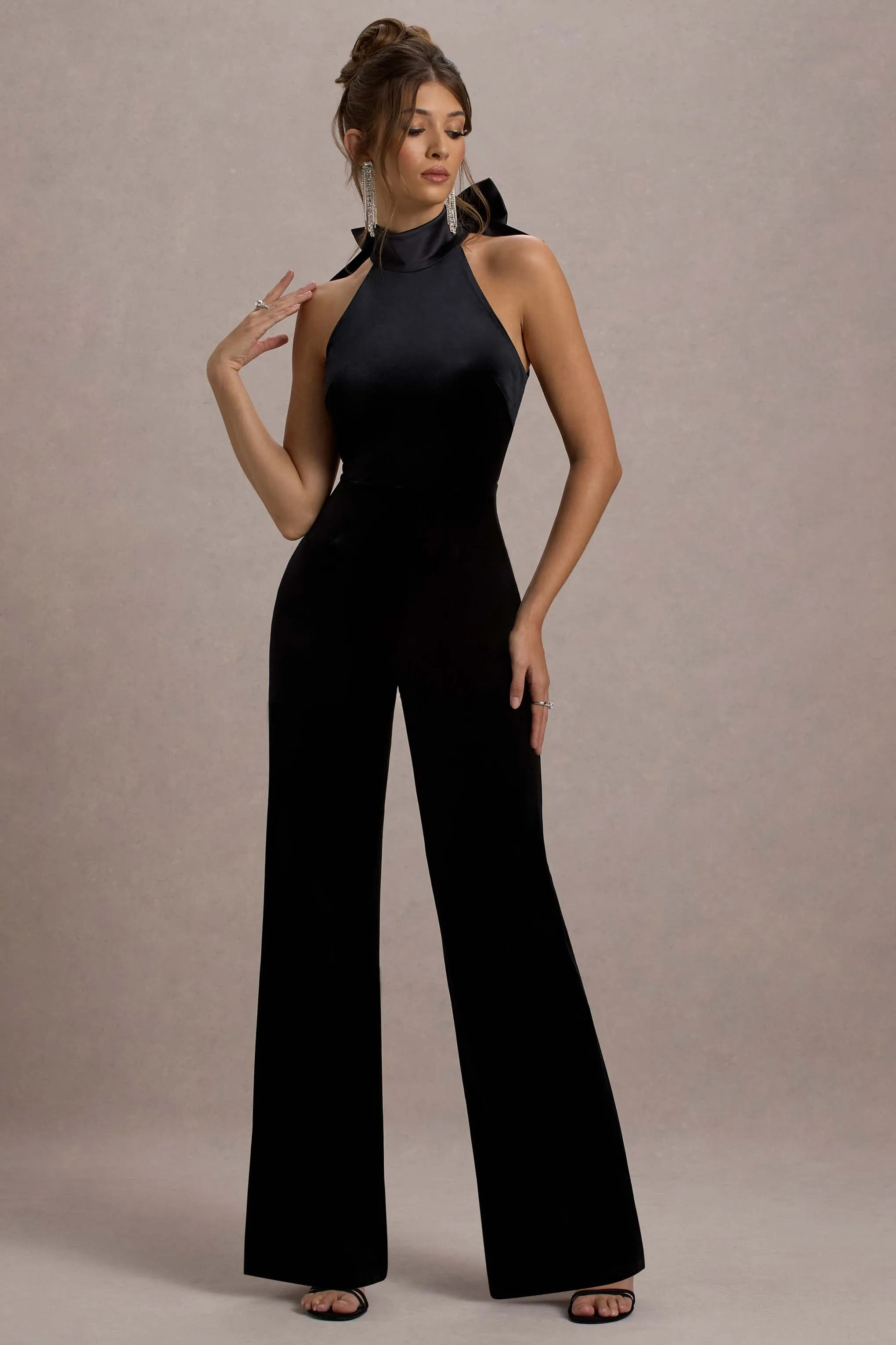 Alondra | Black Velvet High-Neck Straight-Leg Jumpsuit