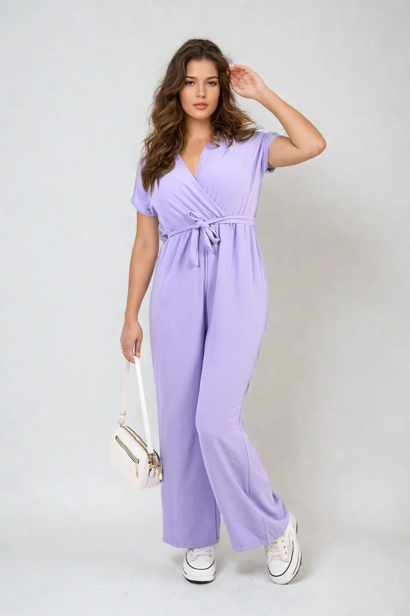 Belted V Neck Jumpsuit with Side Pockets