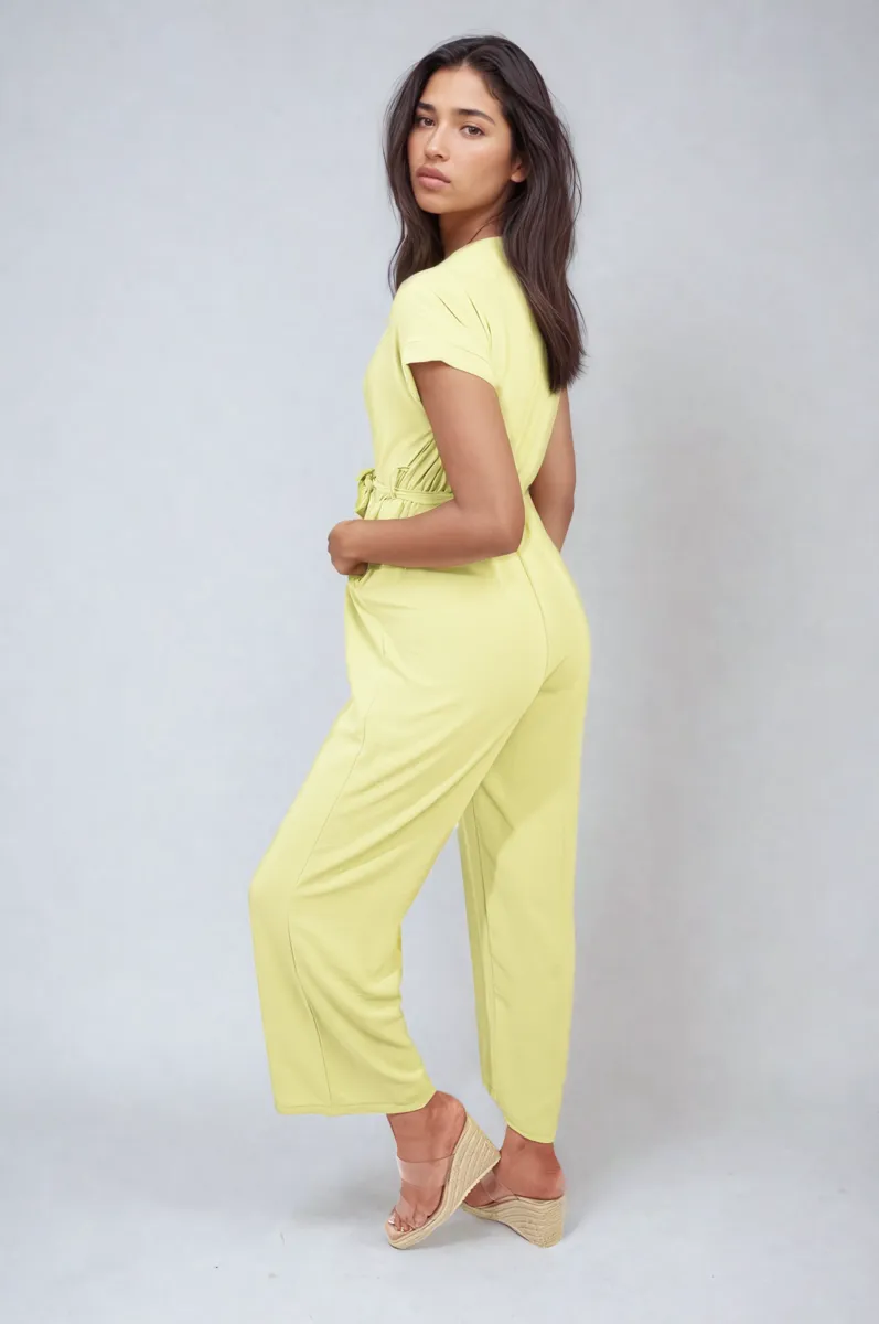 Belted V Neck Jumpsuit with Side Pockets