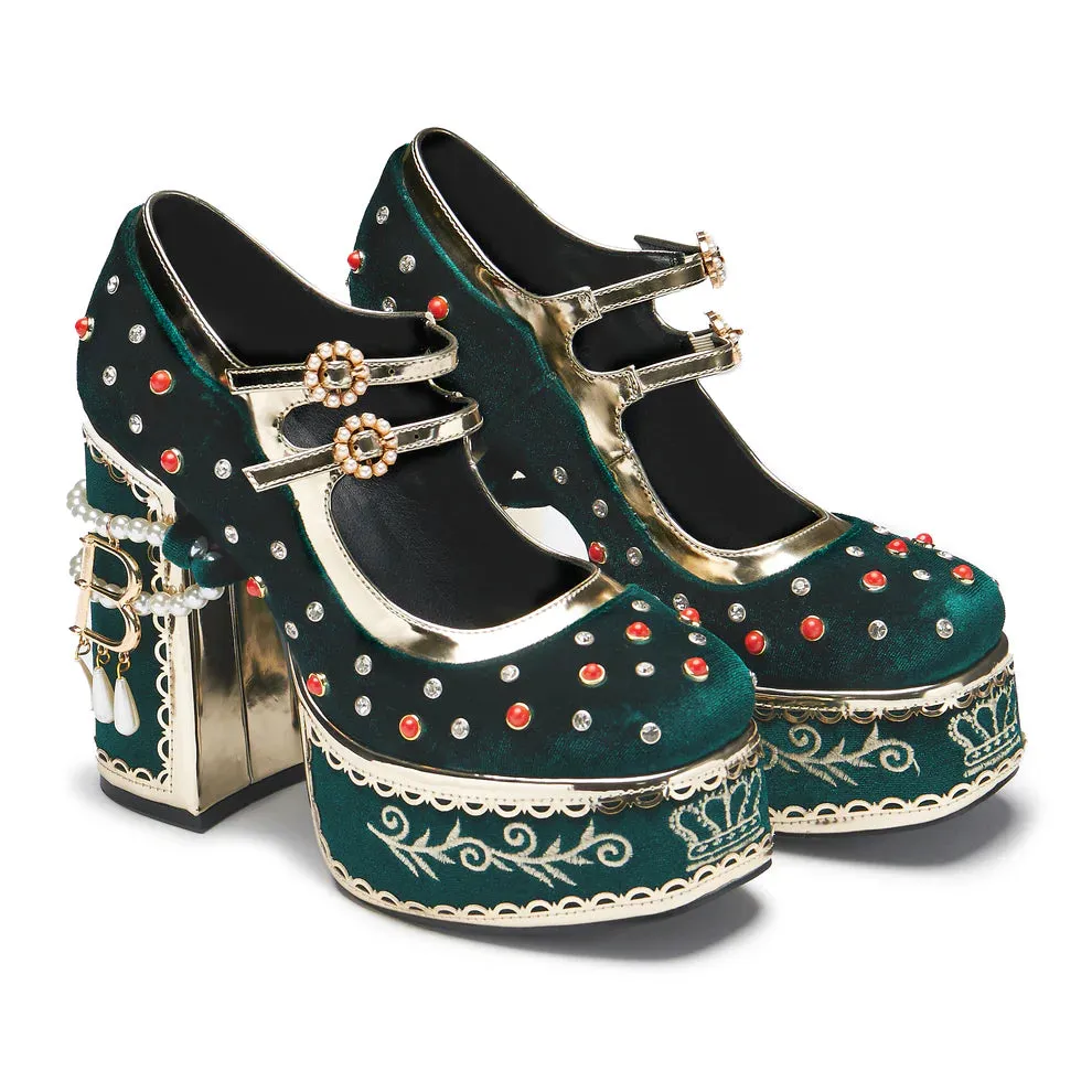 Boleyn’s Revenge Bejewelled Velvet Heels - Green