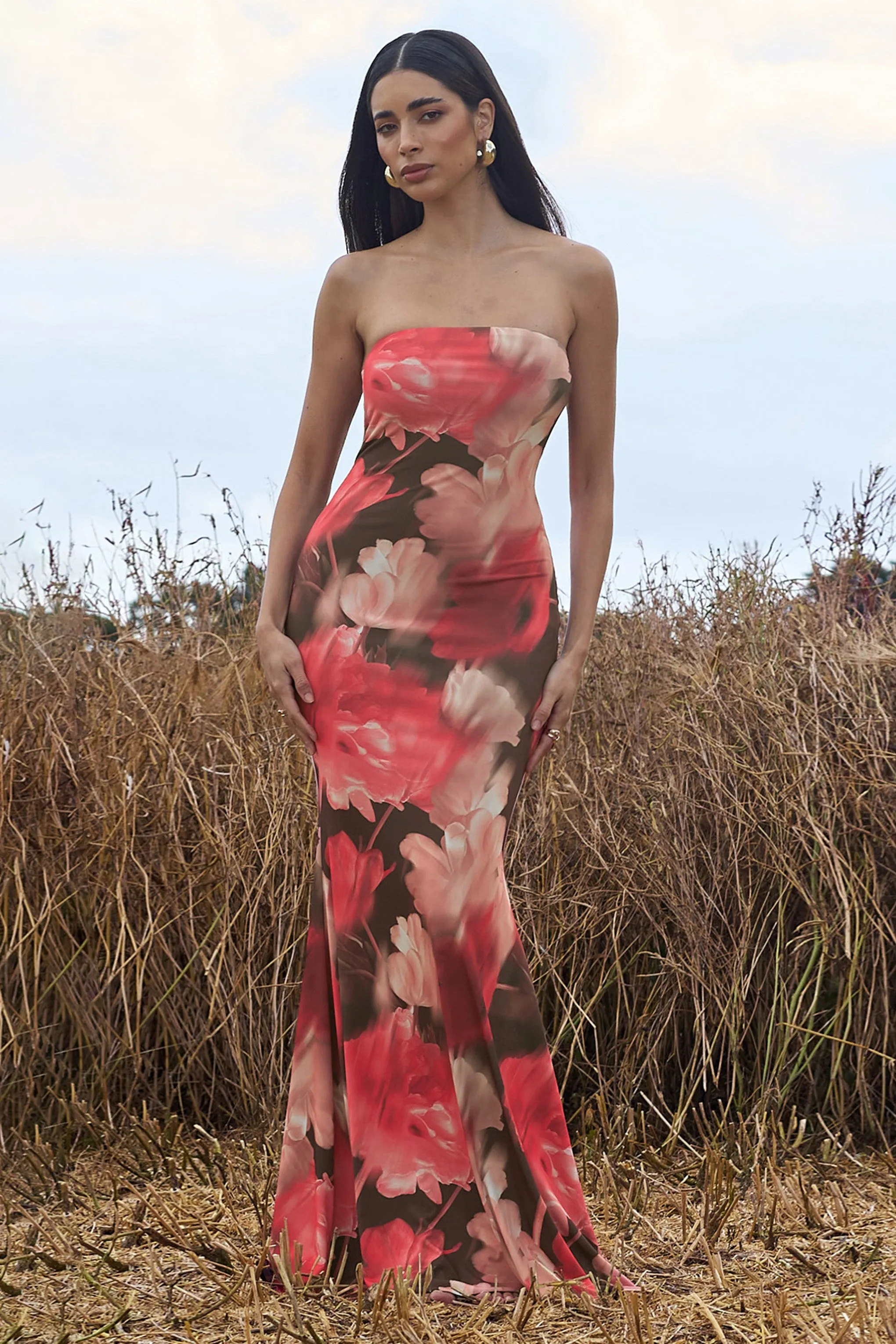 Ceremony | Red Floral Print Bandeau Fishtail Maxi Dress