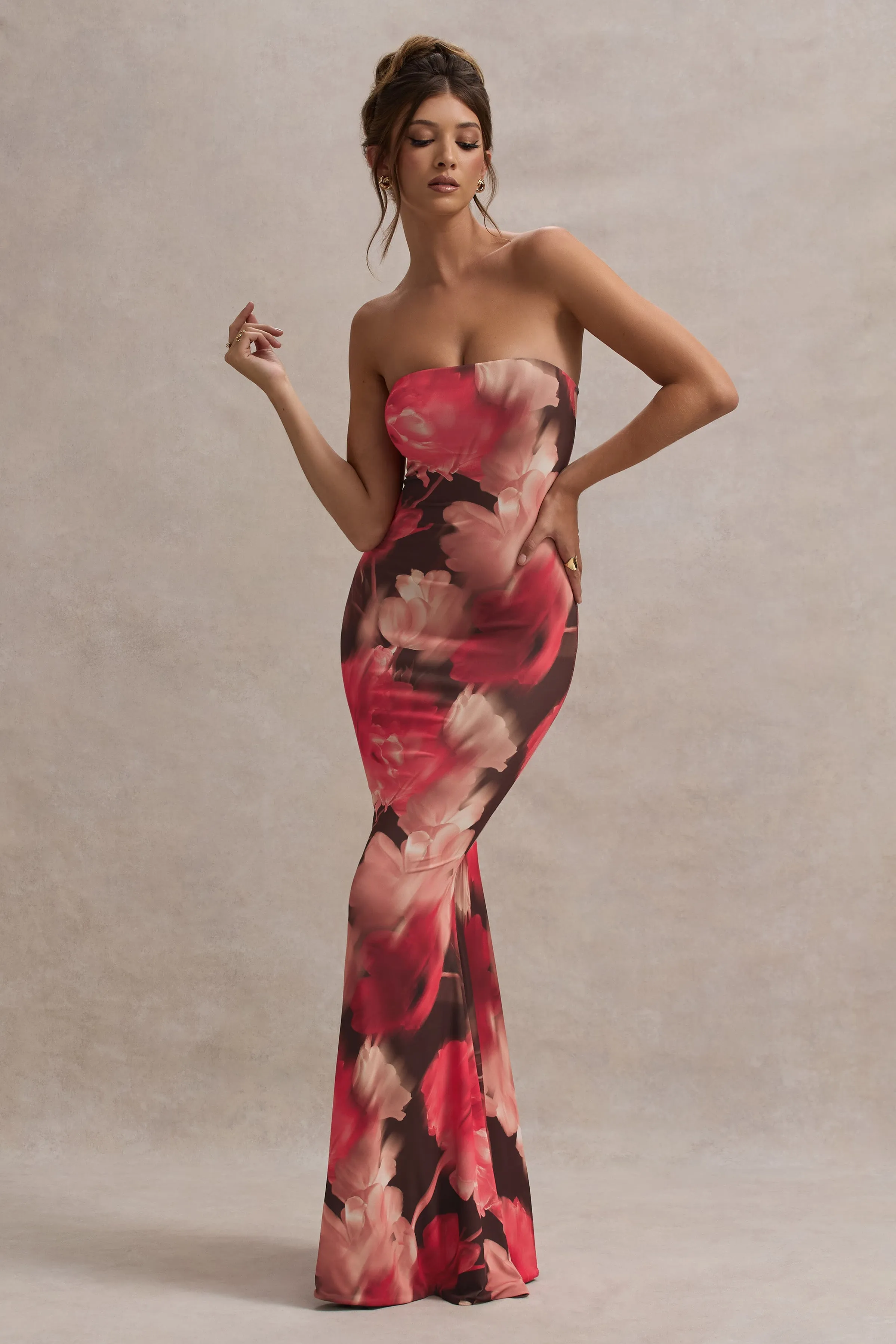 Ceremony | Red Floral Print Bandeau Fishtail Maxi Dress