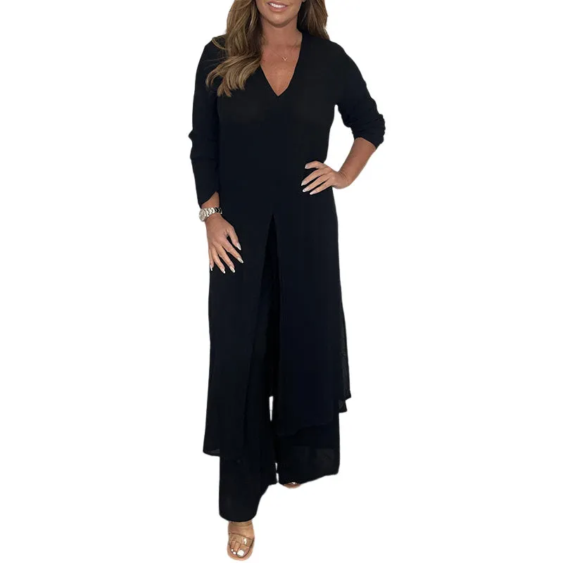 Clevecorner™ Casual Two Pieces Suit With Long Top & Matching Trouser