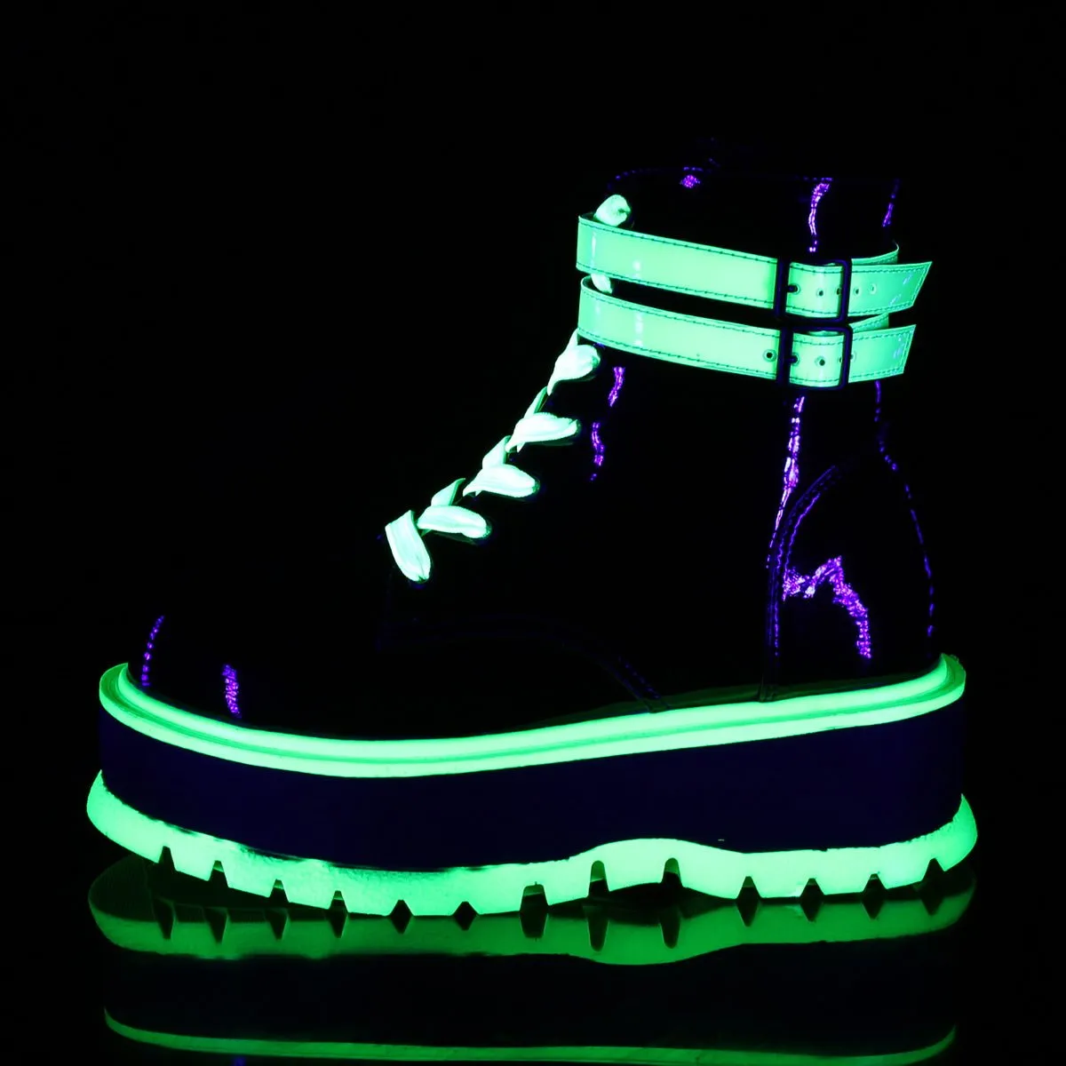 Demonia SLACKER-52 | Black & Shiny Green UV Patent Leather Boots