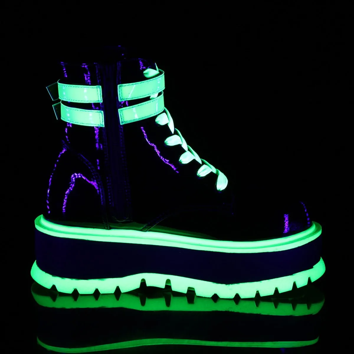 Demonia SLACKER-52 | Black & Shiny Green UV Patent Leather Boots