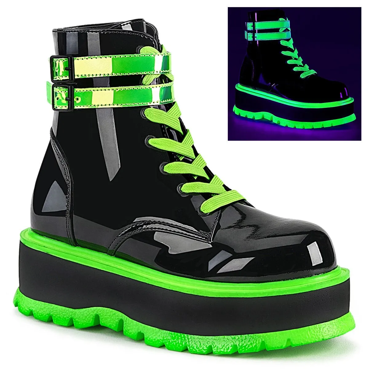 Demonia SLACKER-52 | Black & Shiny Green UV Patent Leather Boots