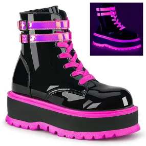 Demonia SLACKER-52 | Black & Shiny Pink UV Patent Leather Boots