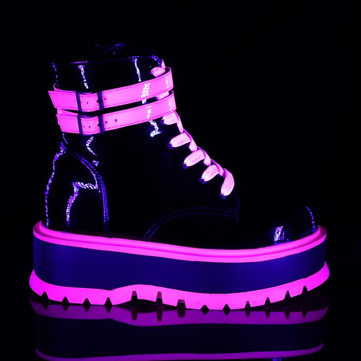 Demonia SLACKER-52 | Black & Shiny Pink UV Patent Leather Boots