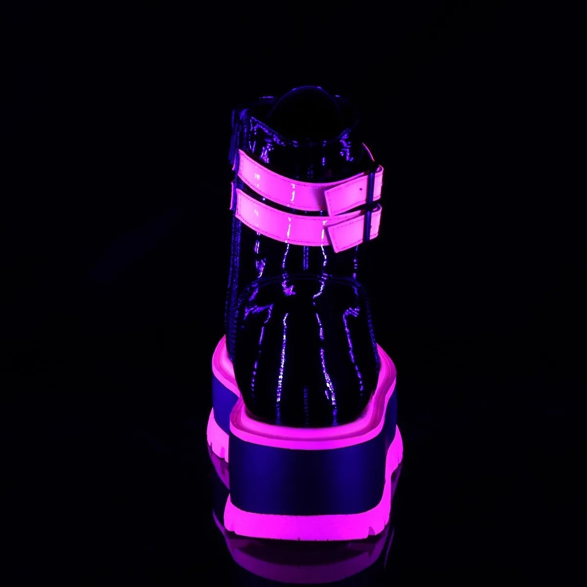 Demonia SLACKER-52 | Black & Shiny Pink UV Patent Leather Boots