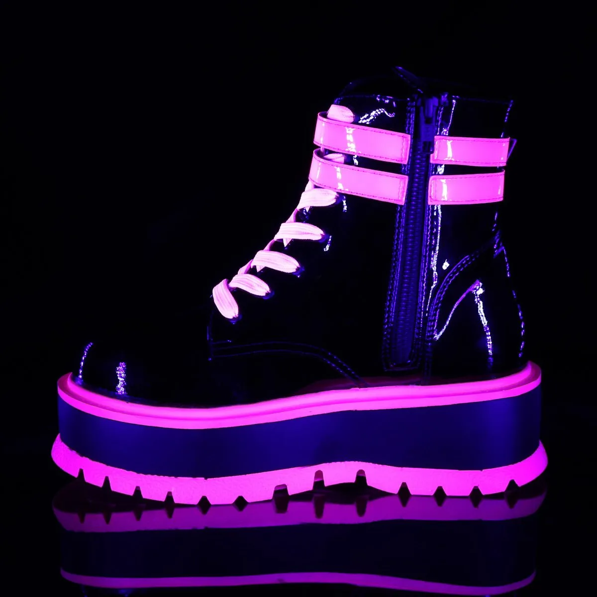 Demonia SLACKER-52 | Black & Shiny Pink UV Patent Leather Boots