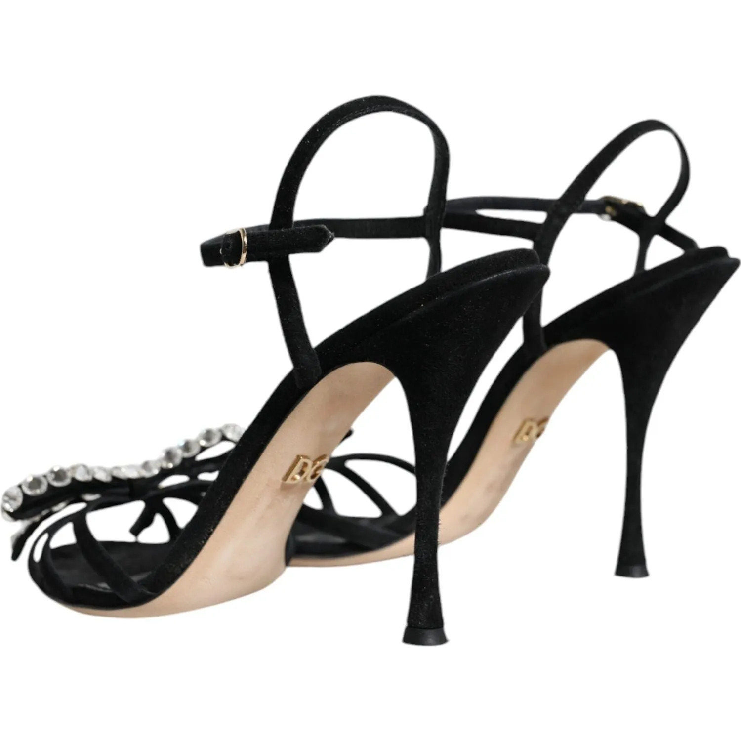 Dolce & Gabbana Black Leather Crystal Bow Heels Sandals Shoes