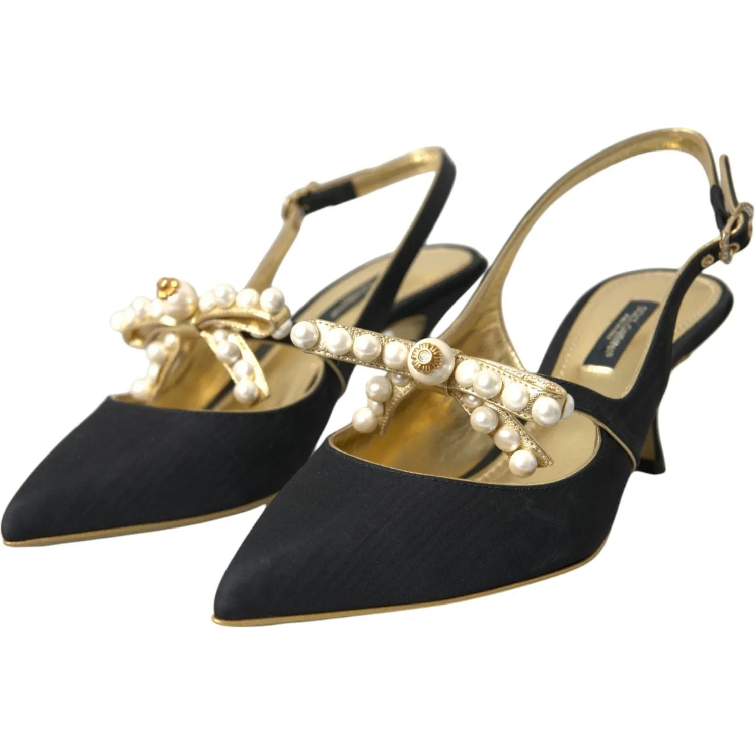 Dolce & Gabbana Black Leather Faux Pearls Slingbacks Shoes