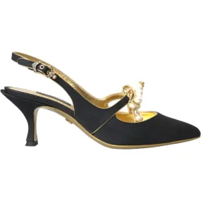 Dolce & Gabbana Black Leather Faux Pearls Slingbacks Shoes