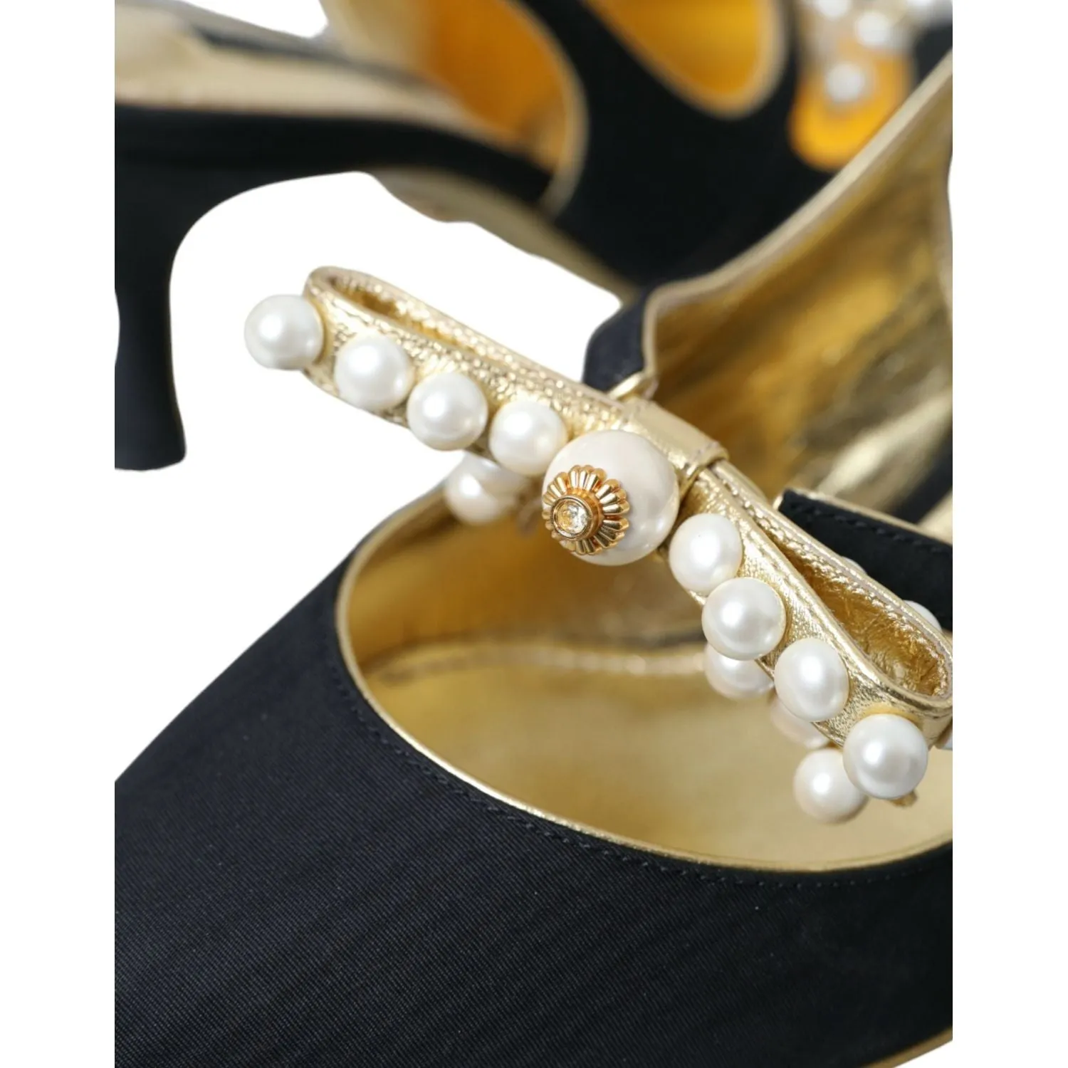 Dolce & Gabbana Black Leather Faux Pearls Slingbacks Shoes