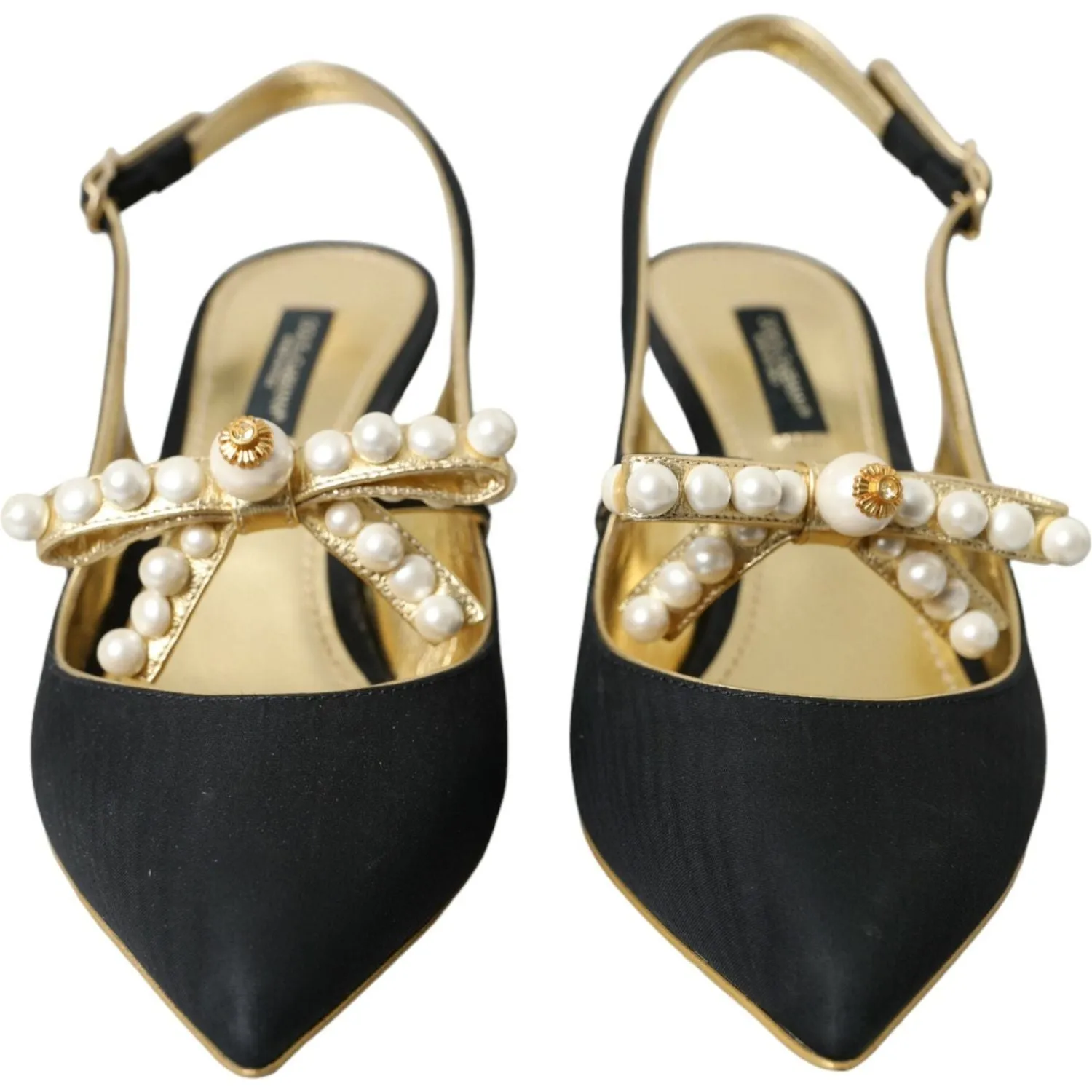 Dolce & Gabbana Black Leather Faux Pearls Slingbacks Shoes