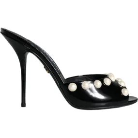 Dolce & Gabbana Black Leather Pearls Slides Sandals Shoes