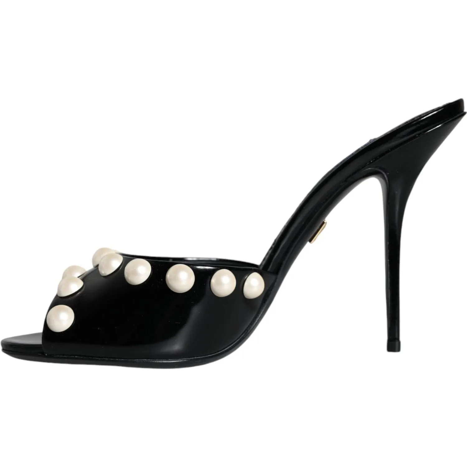 Dolce & Gabbana Black Leather Pearls Slides Sandals Shoes