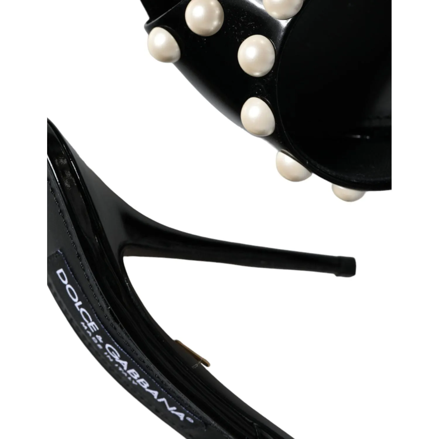 Dolce & Gabbana Black Leather Pearls Slides Sandals Shoes