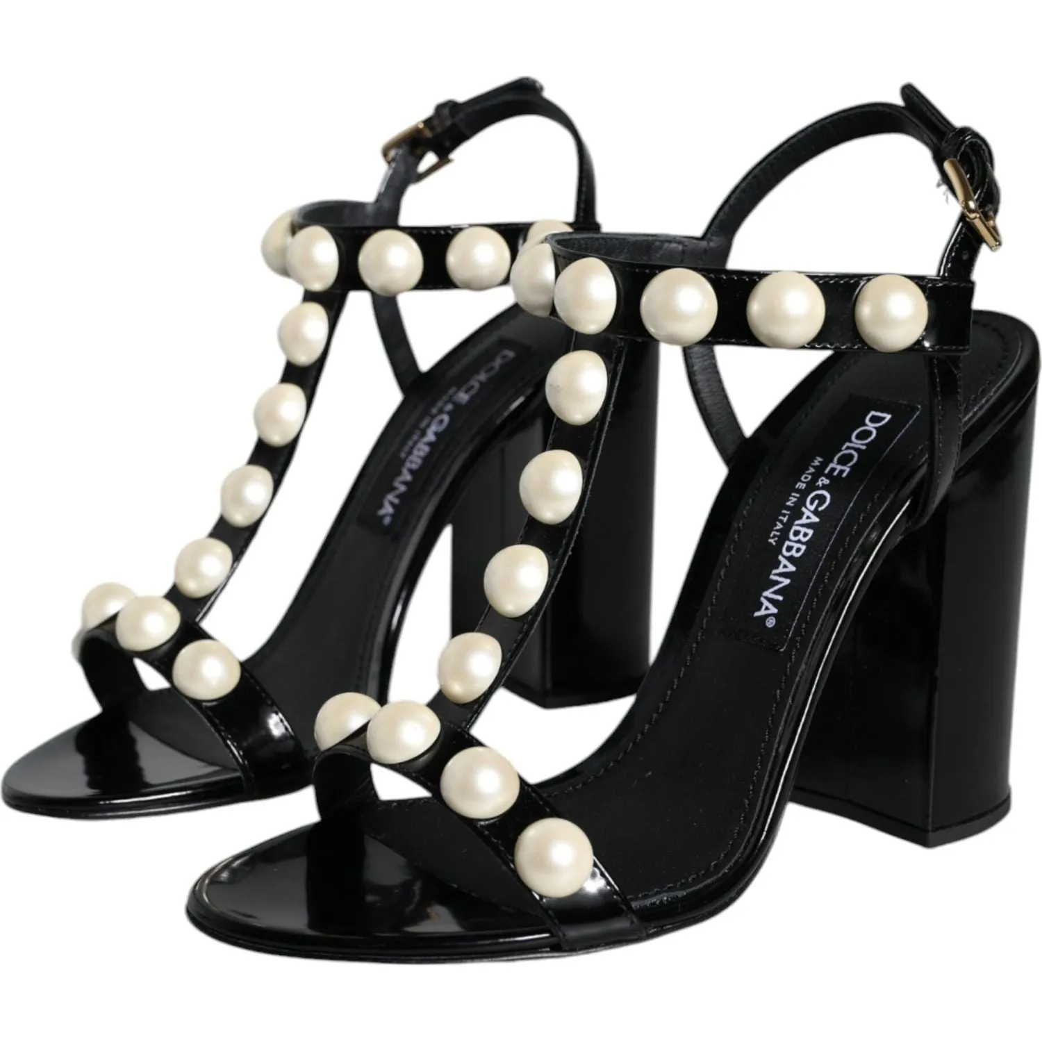 Dolce & Gabbana Black Leather Pearls T-strap Sandals Shoes