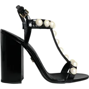 Dolce & Gabbana Black Leather Pearls T-strap Sandals Shoes