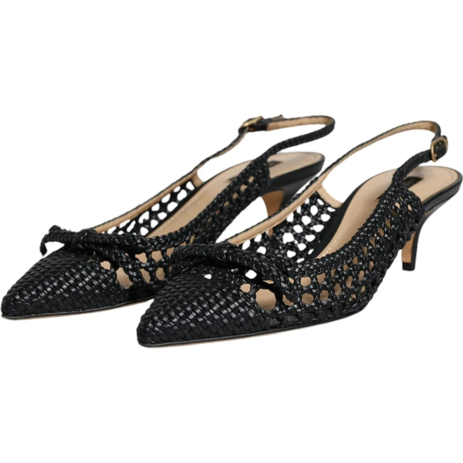 Dolce & Gabbana Black Leather Woven Heels Slingback Shoes