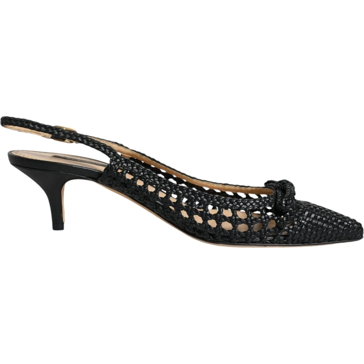 Dolce & Gabbana Black Leather Woven Heels Slingback Shoes