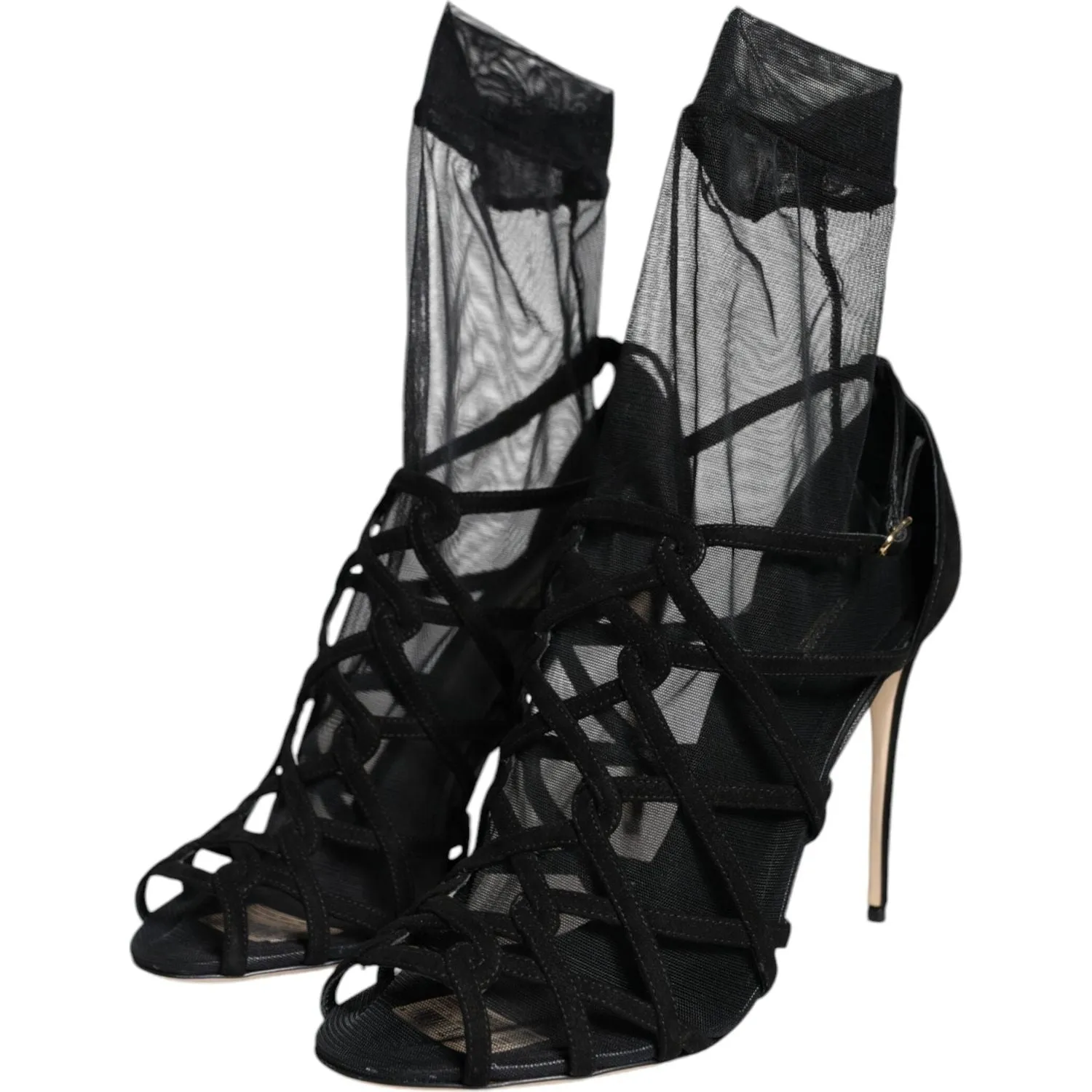 Dolce & Gabbana Black Tulle Stretch Heels Sandals Shoes