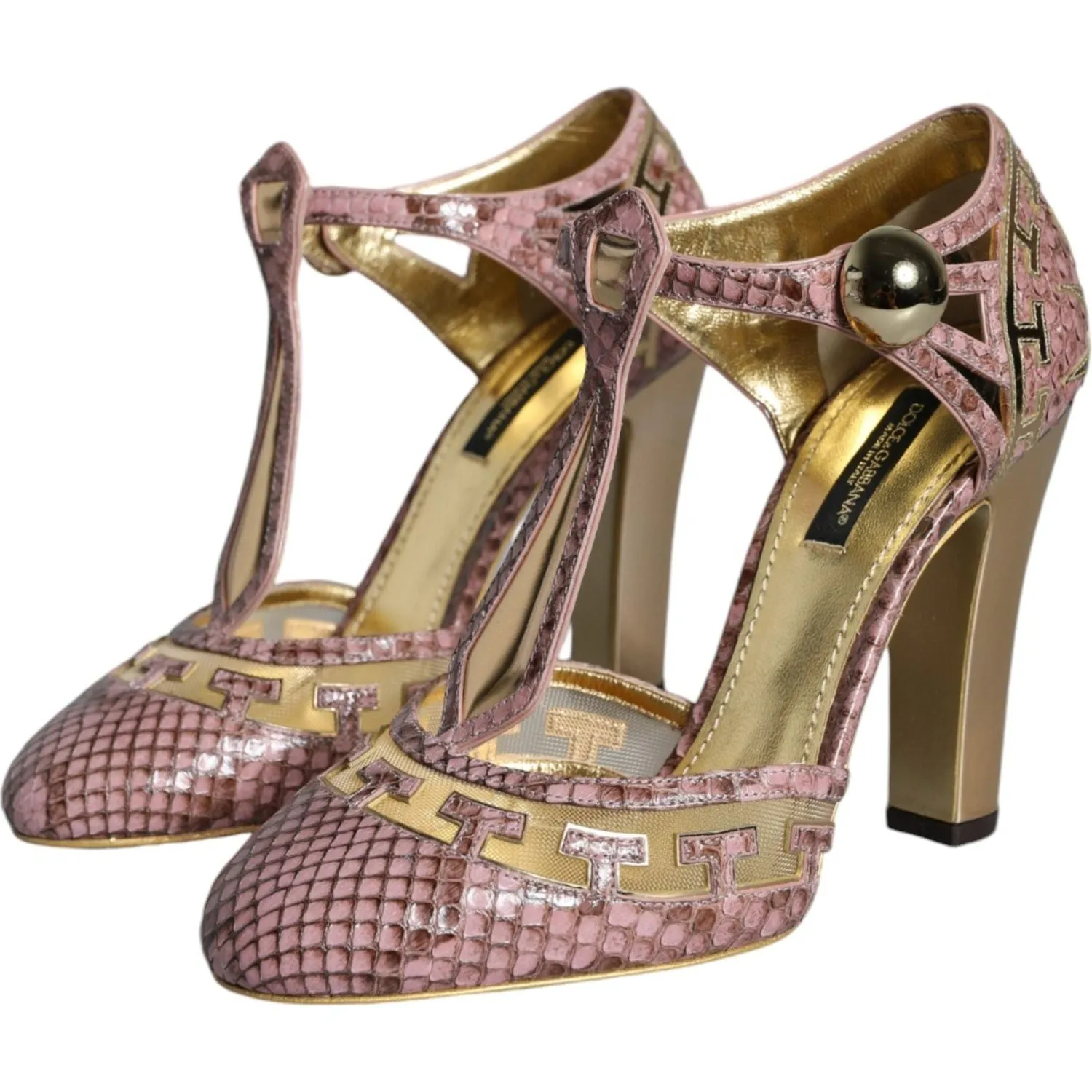 Dolce & Gabbana Pink Gold Leather Pumps T-strap Sandals Shoes