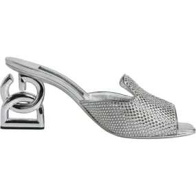 Dolce & Gabbana Silver Viscose Logo Heels Slide Sandals Shoes