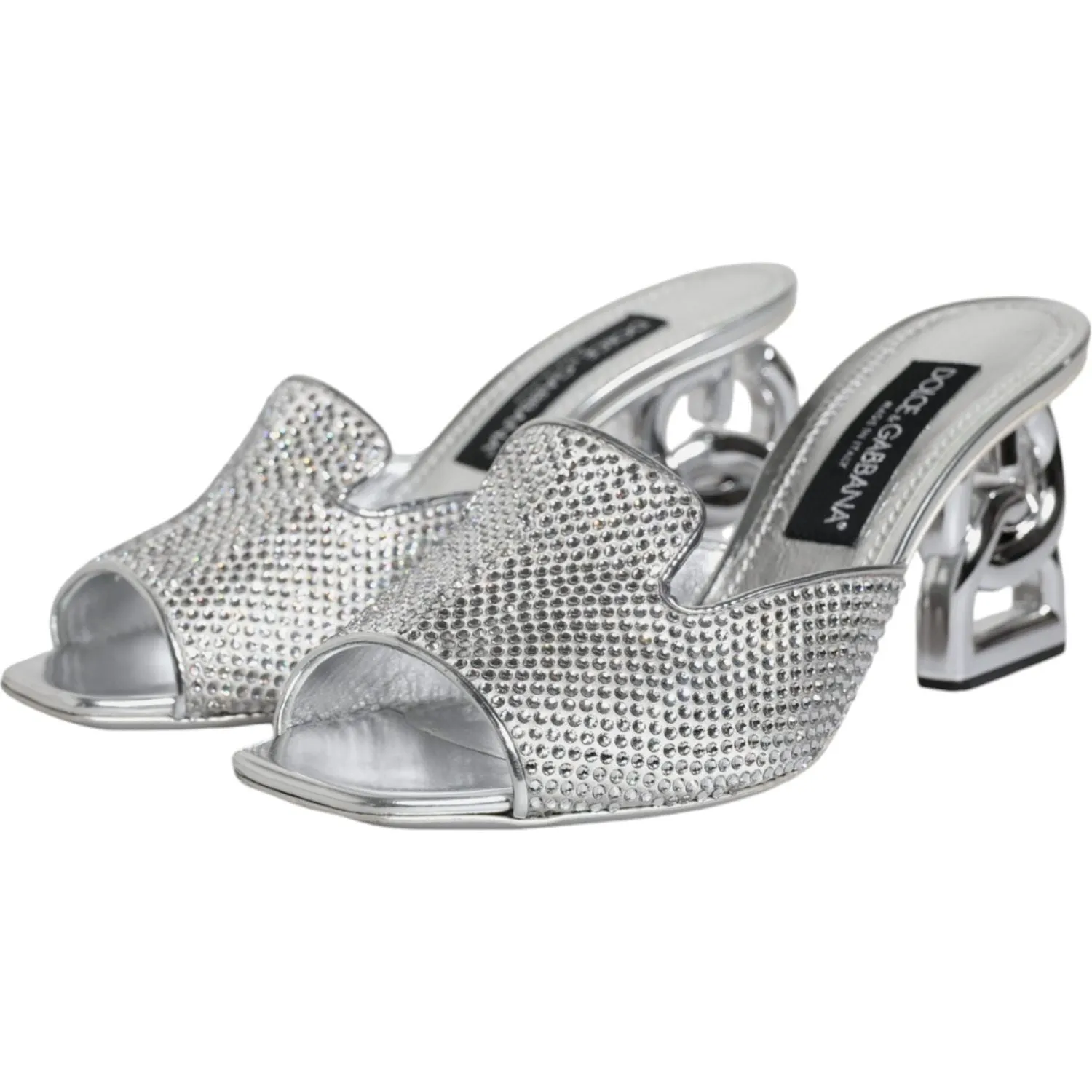 Dolce & Gabbana Silver Viscose Logo Heels Slide Sandals Shoes