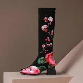 Floral Embroidered Square Heel Velvet Boots