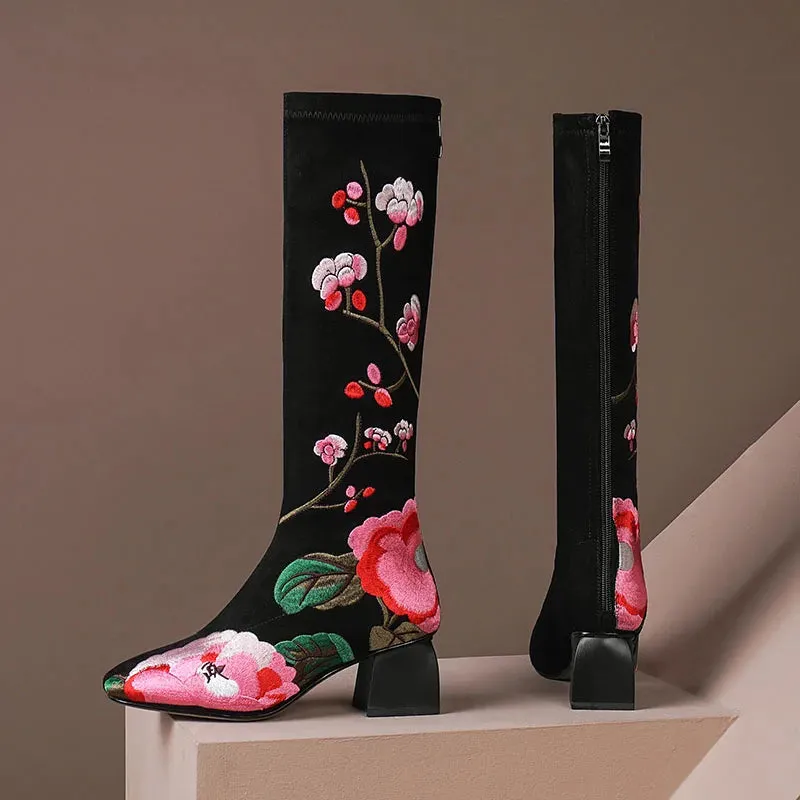 Floral Embroidered Square Heel Velvet Boots