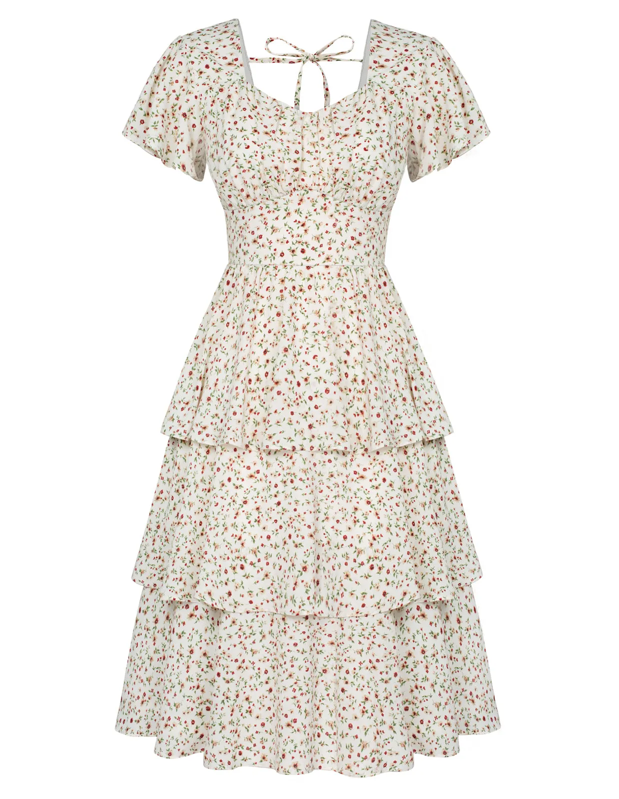 Floral Print Square Neck Tiered Ruffle Dress 2023 Summer Vintage A-line Swing Midi Dress