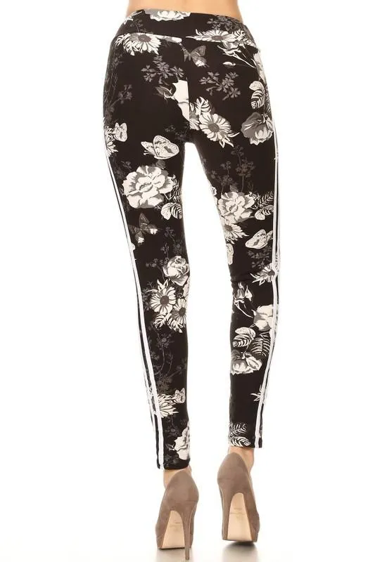 Floral Racing Stripe Yoga Style Leggings