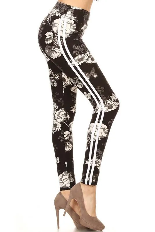 Floral Racing Stripe Yoga Style Leggings