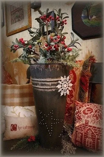 Flower Bucket Punched Star Design Greens Berries Lights Up