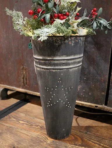 Flower Bucket Punched Star Design Greens Berries Lights Up