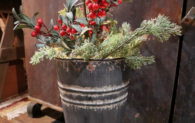 Flower Bucket Punched Star Design Greens Berries Lights Up