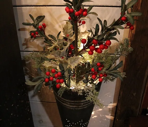 Flower Bucket Punched Star Design Greens Berries Lights Up