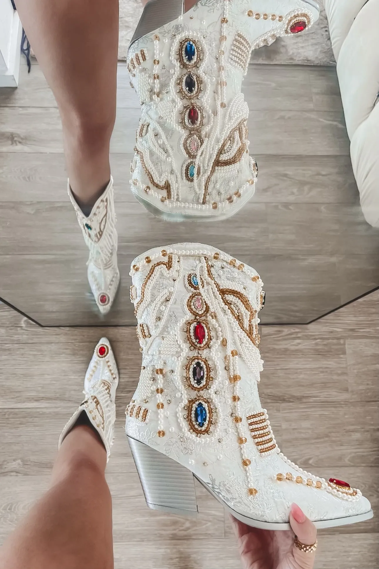 Going To The Chapel Jeweled White Statement Boots