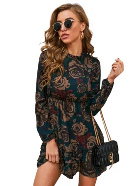 GRECIILOOKS Rayon Knee-Length Women-Printed A-Line Midi Western V Neck Puff Sleeve Dress Girls Suitable for Function, Outdoor, Birthday, Event, Office (GL-WD-1036_Green_M)