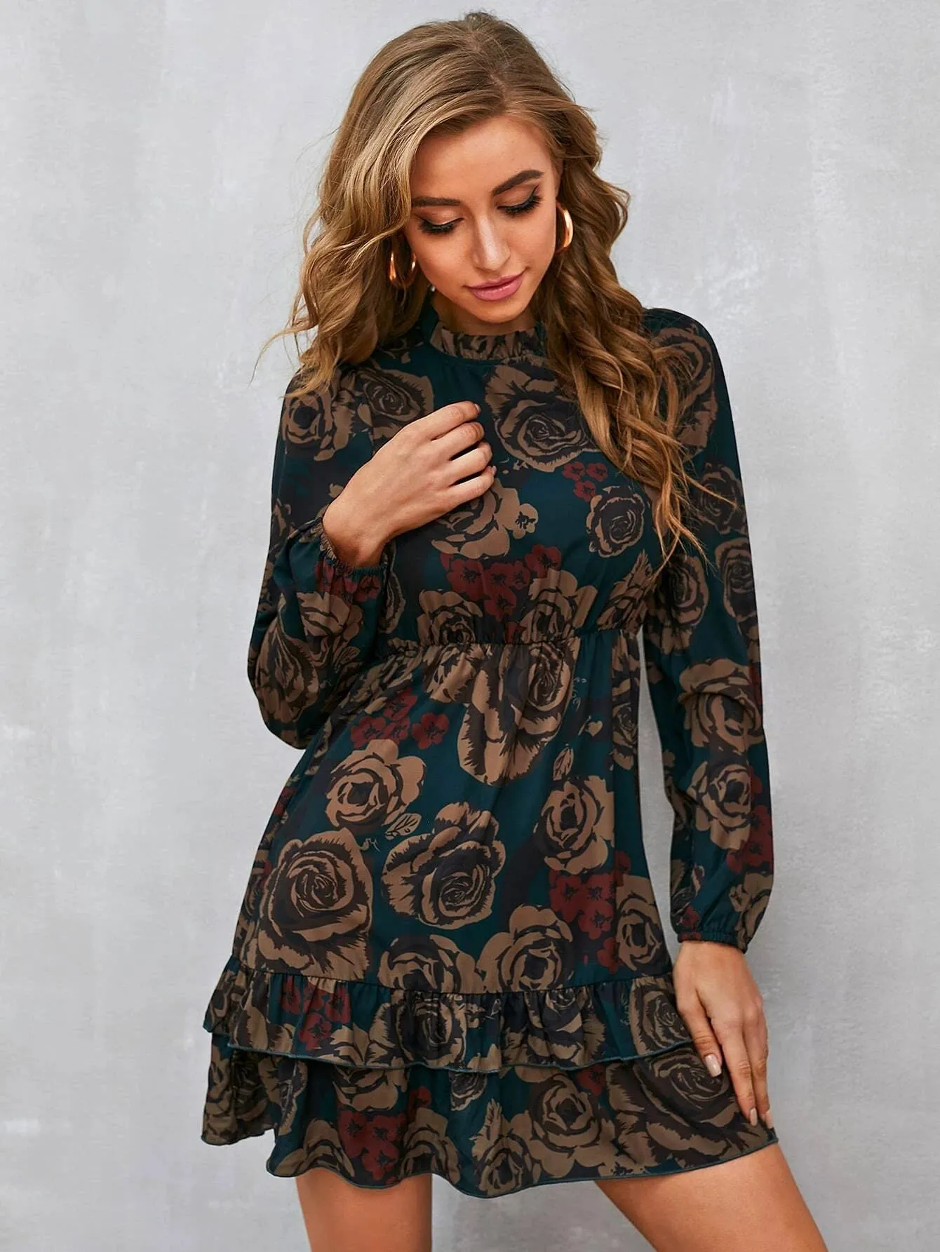 GRECIILOOKS Rayon Knee-Length Women-Printed A-Line Midi Western V Neck Puff Sleeve Dress Girls Suitable for Function, Outdoor, Birthday, Event, Office (GL-WD-1036_Green_M)