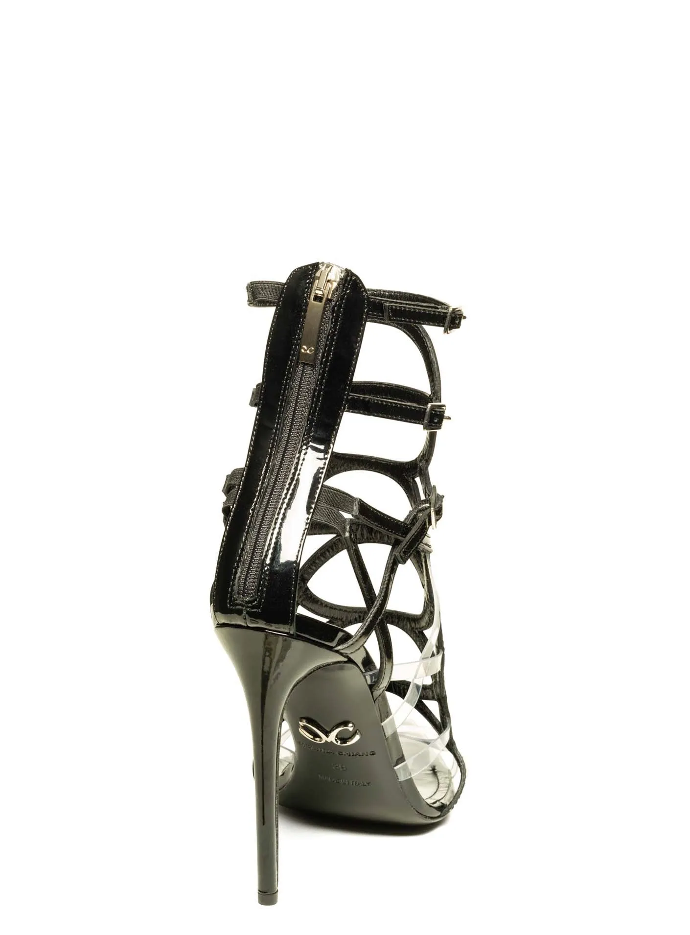 INES BLACK PATENT LEATHER & PVC SANDALS