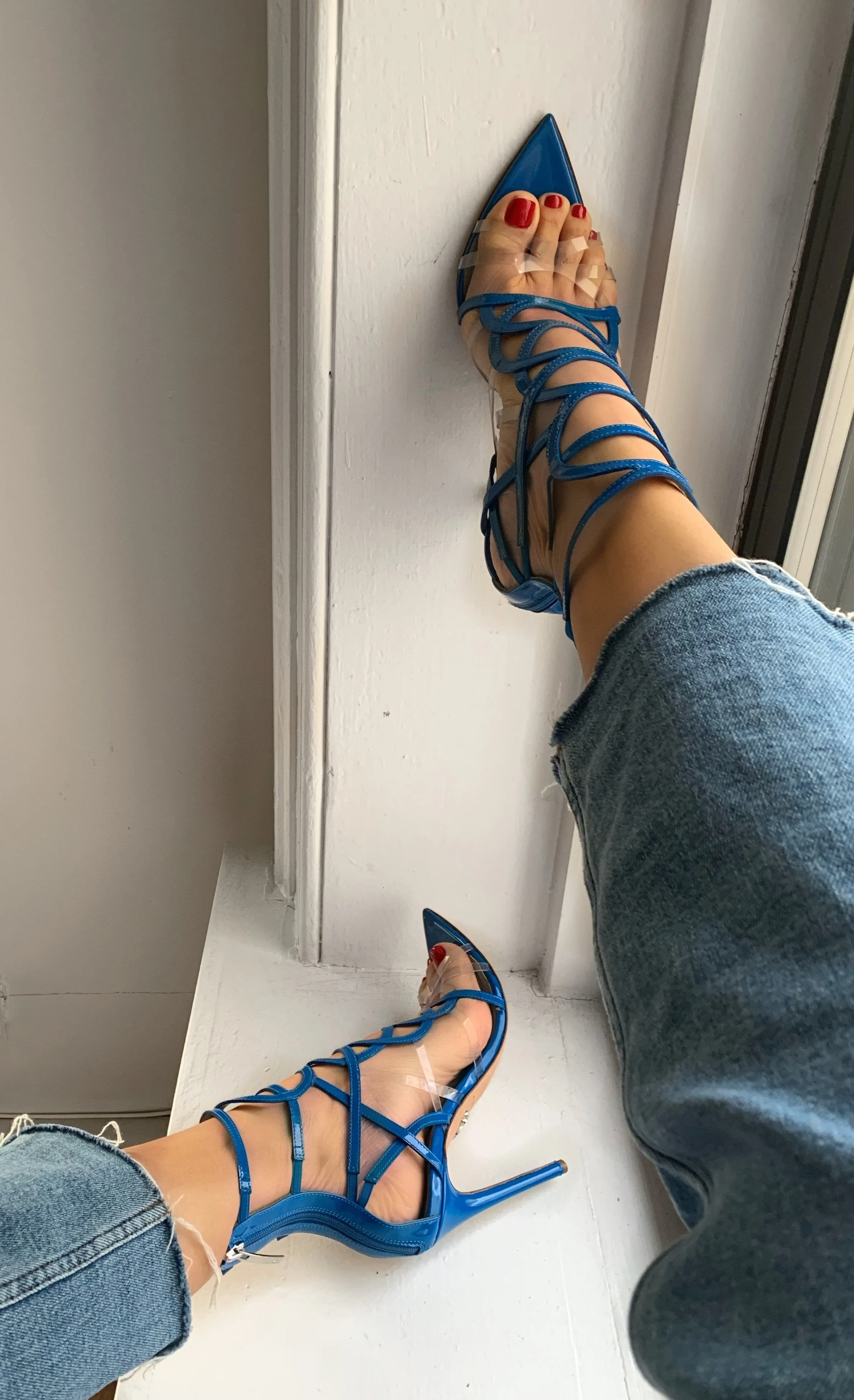 INES BLUE PATENT & PVC SANDALS