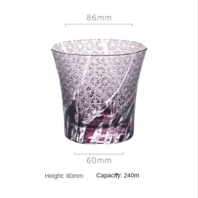 Japanese Kiriko Style Bohemian Czech Hand Cut and Blown Lead Free Crystal Snow Flakes Purple Whisky Cocktail and Vodka Glass