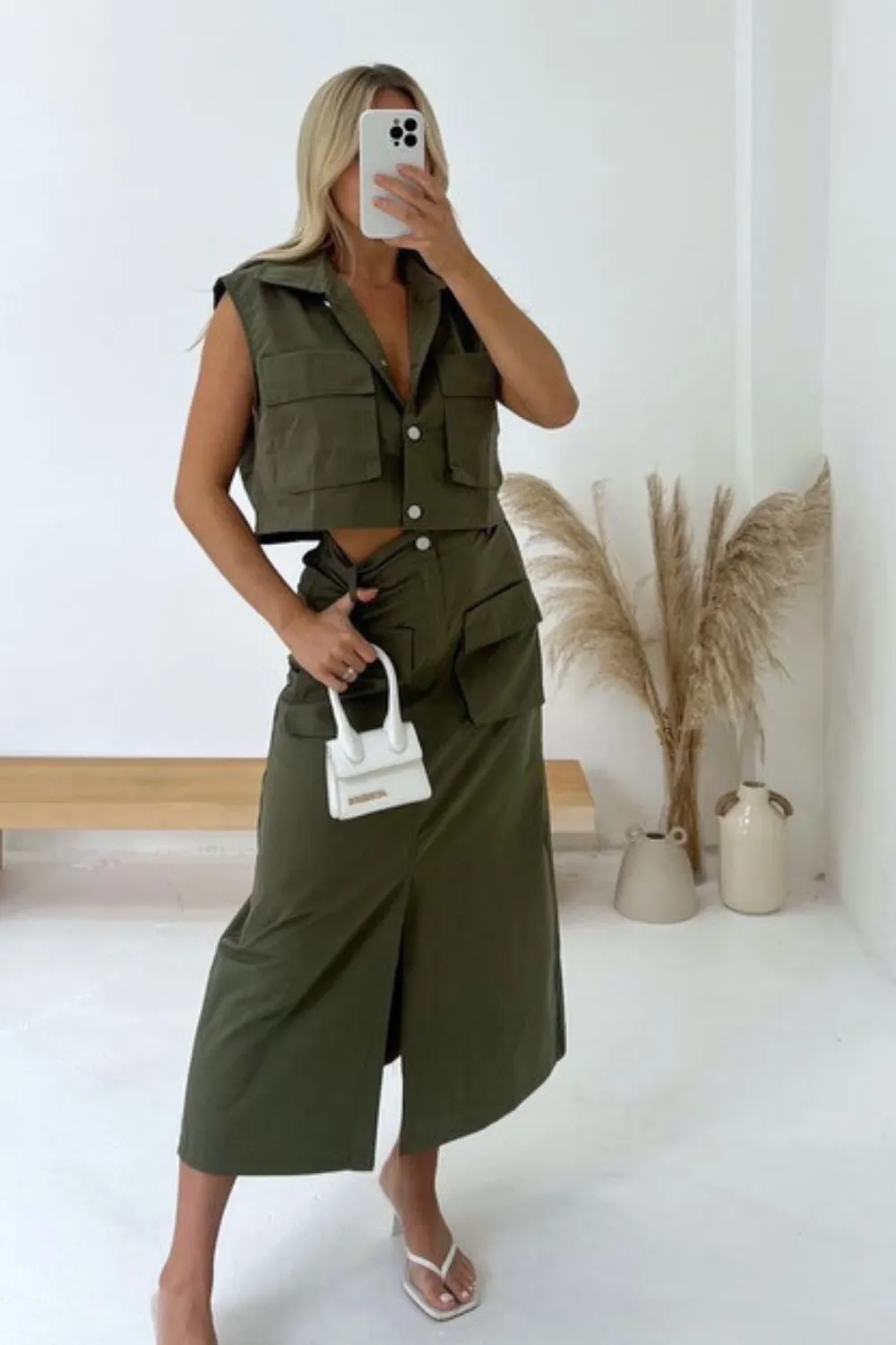 Kennedy green long cargo skirt and sleeveless shirt co-ord